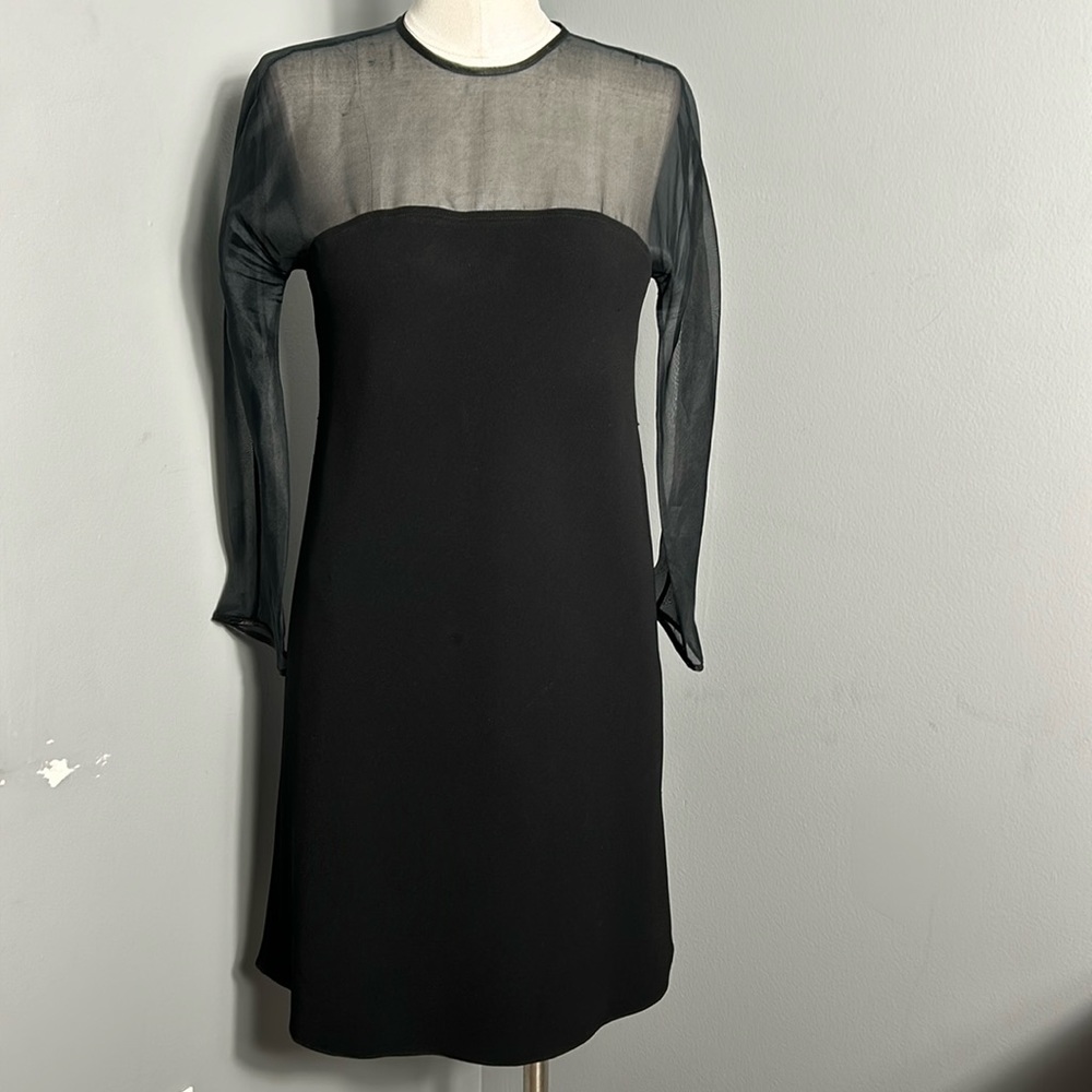 Vintage Jackie Rogers Black Mini Sheath Dress w Sheer Sleeves size S-M